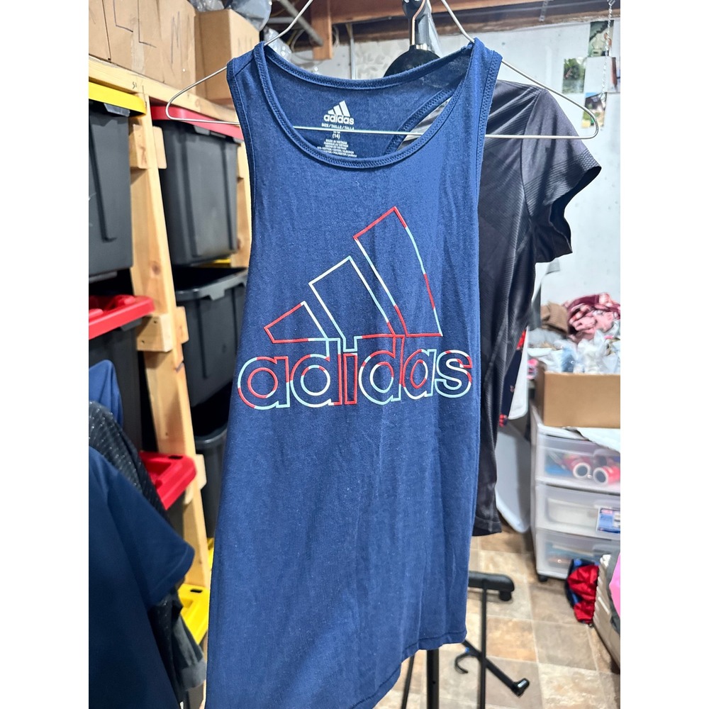 Adidas Girls Navy Blue Graphic Logo Racerback Tank Top Size L 14 AA4626 NWT